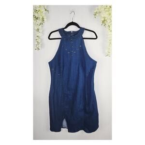 Ashley Stewart Denim Halter Dress Size 16 Grommets Y2K Chic Western Cowgirl Boho